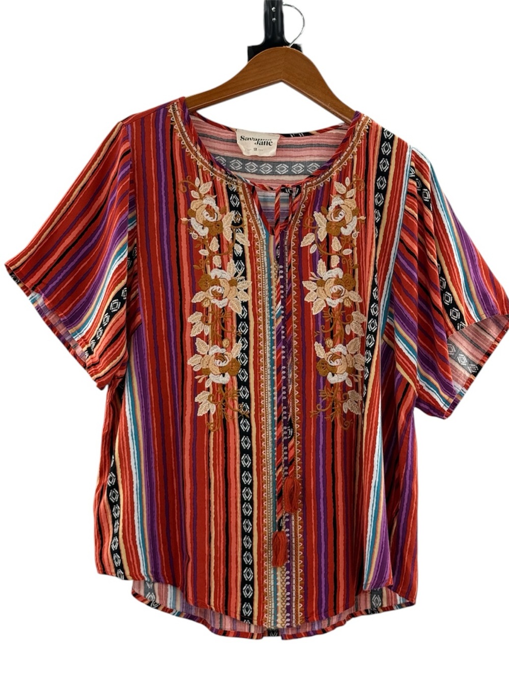Savanna Jane 1X Embroidered Boho Peasant Top Tassel Tie Striped Floral - Picture 13 of 14